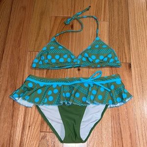 Red carter south beach blue and green bikini size 10 ruffled bottom halter top